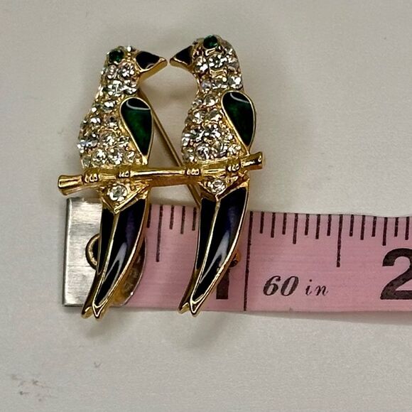 Vtg Erwin Pearl Parrot Brooch for Saks Fifth Ave Rhinestone Enamel Lovebirds Pin - Picture 6 of 8